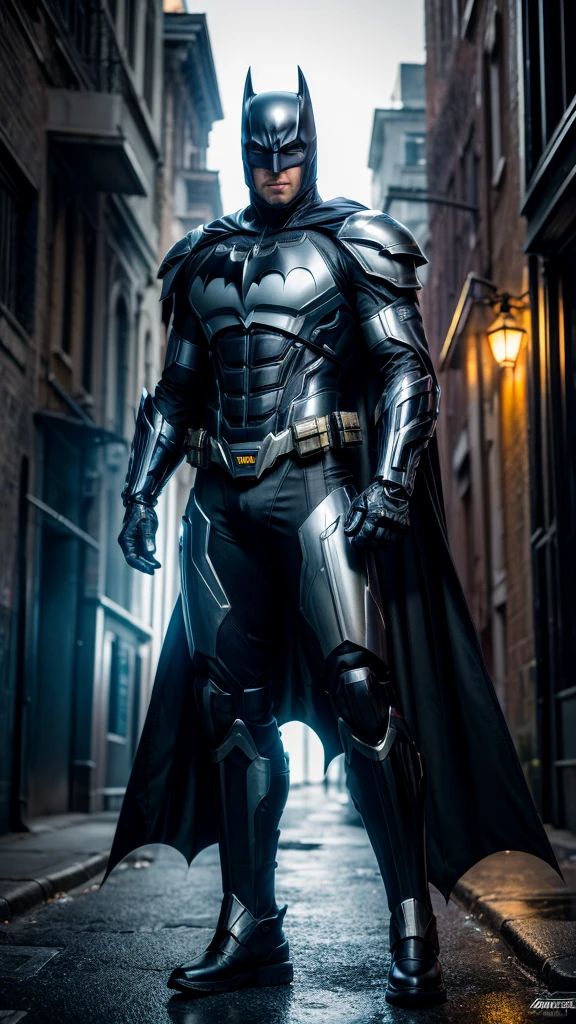 Masterpiece, best quality, NVIDIA RTX, sharp picture, cinematic lightning, hi-tech futuristic batman, perfect face details, proportional body, facial hair, luminous eyes:1.3, perfect mouth:1.3, neon luminous mecha-armor:1.3, black gold cybernetic-armor:1.3, perfect cape, cape blown by strong winds:1.3, symmetrical pose, full body, epic lights reflections, night, dark alley, fogs