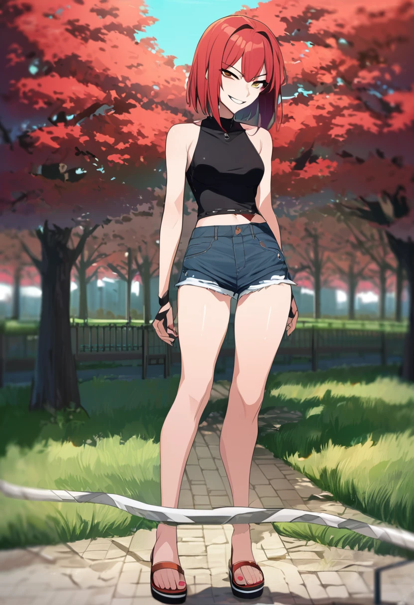 ((High Quality image 10k)) (( perfect autonomy)) Masterpiece, solo girl, brown eyes, red hair, wearing sleeveless black shirt, blue jean shorts, shorts are falling down, cute panties, sexy panties, evil smug grin, barefoot, Standing, in the park