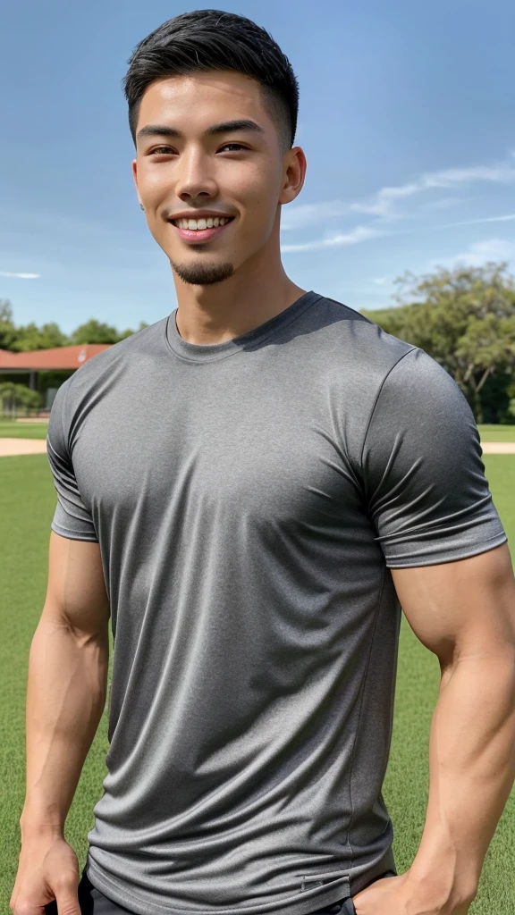 Tony Labrusca, (As a matter of fact, Masterpiece, 8k HD, good light quality, sportswear, fit the face, complicated details), A handsome, muscular young Korean man. , 20 years old, be happy, smile brightly, detailed face, delicate eyes, มองดูsky, Wearing a tight gray t-shirt, period, black eyes, Black hair color, ผมsmooth, smooth, outdoor sports, Along the garden, Sunny,sky，Surreal，Awesome details，Highest quality，real，