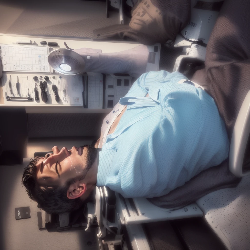 A man is sitting on a chair with his head resting on his hands, Place it on your chest, Taking a break from a tough day, sitting at the lab bench, with an iv drip, Resting after a hard fight, background, Filmed in the early 2020s, Uploaded, Taken with iPhone 1 3 Pro, taken on iphone 14 pro