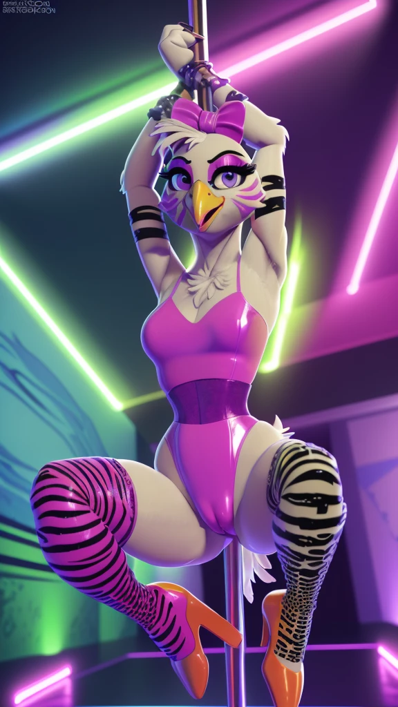[glamrockchica], [FNAF:_Security_Breach], [Uploaded to e621.net; (Foxovh), (Pixelsketcher), (mayosplash], ((masterpiece)), ((solo portrait)), ((front view)), ((furry; anthro chicken girl)), ((detailed feathers)), ((raytracing)), ((detailed shading)), ((beautiful render art)), {anthro chicken; white feathers, (orange 3-toed feet), (yellow beak), (pink lipstick), purple eyes, (pink eyeshadow), black pupils, (tied-up hair with pink bow), (pink claws), (excited smile), (mouth open), small , (beautiful legs), (beautiful feet), (cameltoe), (high heels)}, {(pink leotard), (green fingerless gloves), (hot-pink latex tiger-striped bracers), (green legwear), (two different color legwear on each leg)}, {(doing splits:1.2), (pole dancing:1.1), (arms above head), (looking at viewer)}, [background; (dance studio), (stage), (neon lights), (dark lighting)]