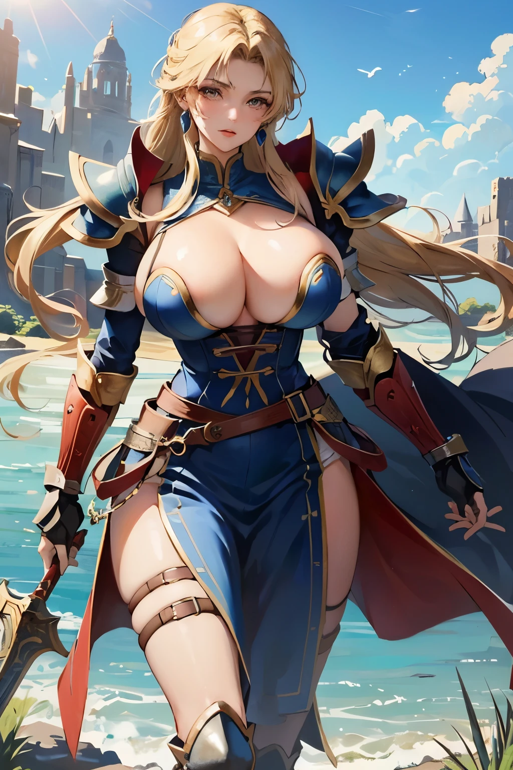 woman,40 years old,(((Big Breasts))),Warrior,Fantasy,anime,wilderness,Pauldrons,Gauntlets,Waist armor,Nipples,ax