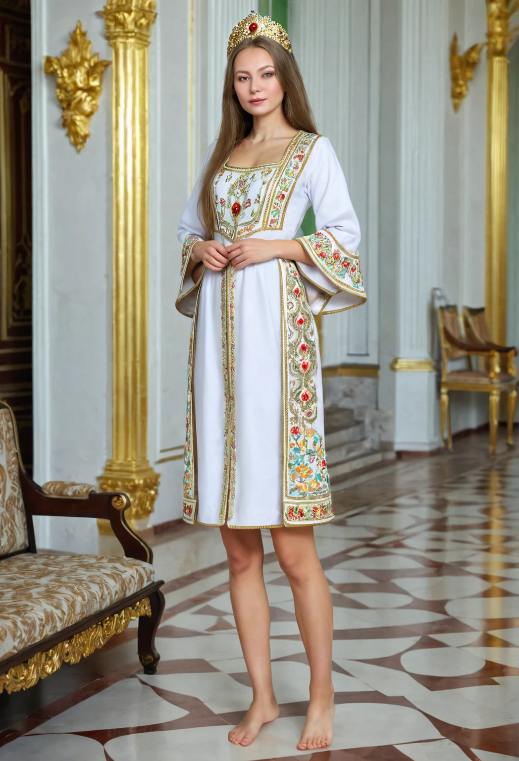Russian, in national dress, beautiful, barefoot, bare legs, no panties, empress, Full length photo, in a palace