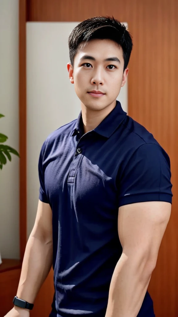 A male police officer in his 20s poses for a group photo., Wear a navy blue polo shirt., high resolution, Masterpiece, best quality, head:1.3,, Smooth and fine skin, clear focus, (movie light), during the night, gentle light, Dynamic angle, (detailed face:1.2), (((exercise))), sport, His arm muscles were very big., hand in crotch, in his bedroom ,natural and delicate,