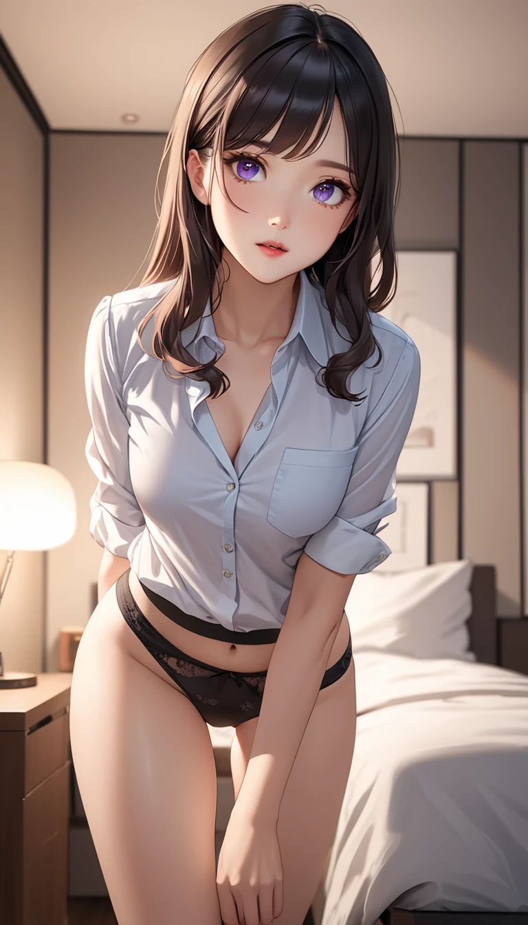 (((masterpiece))),(((high resolution)))、((beautiful woman))、(((Korean Secretary)))、(30 years old), (((business shirt)))、(cute)、night、standing and looking at me, (((high resolution face))), (((high resolution eyes))), (((panty))), bedroom, under wear