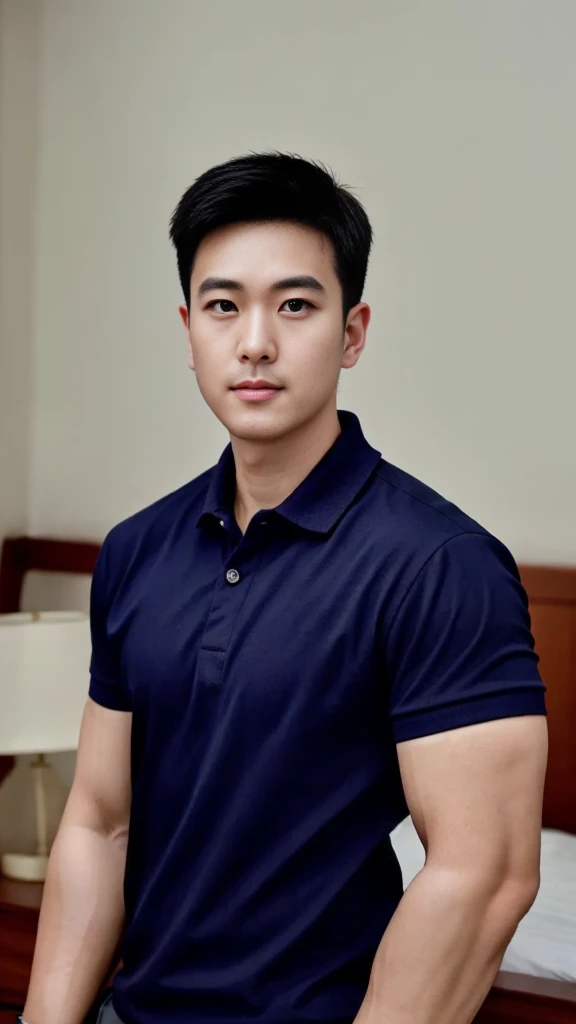 A male police officer in his 20s poses for a group photo., Wear a navy blue polo shirt., high resolution, Masterpiece, best quality, head:1.3,, Smooth and fine skin, clear focus, (movie light), during the night, gentle light, Dynamic angle, (detailed face:1.2), (((exercise))), sport, His arm muscles were very big., hand in crotch, in his bedroom ,natural and delicate,