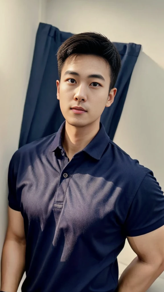 A male police officer in his 20s poses for a group photo., Wear a navy blue polo shirt., high resolution, Masterpiece, best quality, head:1.3,, Smooth and fine skin, clear focus, (movie light), during the night, gentle light, Dynamic angle, (detailed face:1.2), (((exercise))), sport, His arm muscles were very big., hand in crotch, in his bedroom ,natural and delicate,