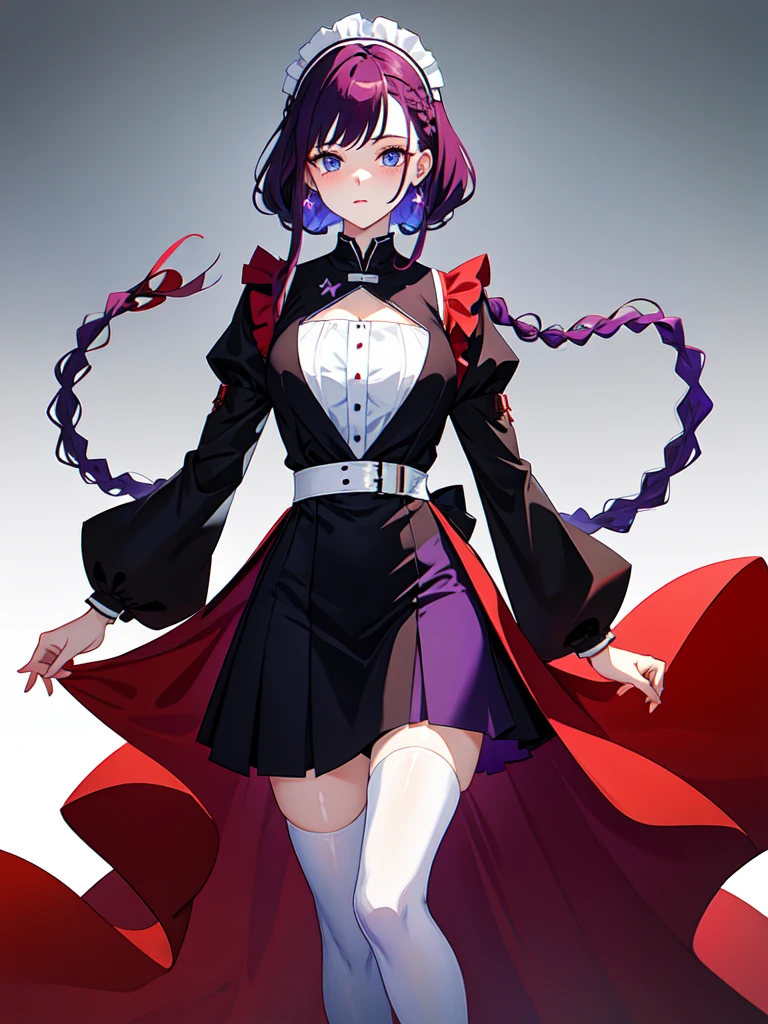 Dressed in maid uniform ,　Mature face,tall, Wearing black tights,Blue Eyes,Updo, Braided Hair, He wore black trousers, whole body黒の服, The skin is hidden　and gradient hair, (Ink blotches:1.1), (pale:1.2),(purple:1.2),(Red/Black:1.2), I was wearing long pants,cool,Dressed in a black robe, Toned body, Wine red hair, one big woman, Nervous,Cowboy Shot, sketch (Character design sheet, same characters, whole body, Three-View, front, ~ ~ ~ side, return),(Very bright:1.1), White Background, [1 Girl:7], (Tilt your head:1.2), ([sketch|watercolor \(Moderate\)]:1.15),Chaotic Abstract Background, Vector Trace, Gradient Blending, Bright colors, that&#39;wonderful, Very detailed, Complex, (Very low contrast:1.4