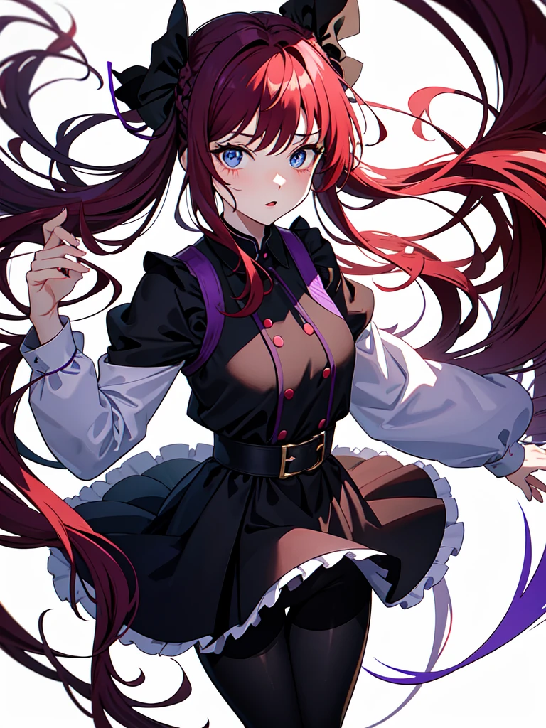 Dressed in maid uniform ,　Mature face,tall, Wearing black tights,Blue Eyes,Updo, Braided Hair, He wore black trousers, whole body黒の服, The skin is hidden　and gradient hair, (Ink blotches:1.1), (pale:1.2),(purple:1.2),(Red/Black:1.2), I was wearing long pants,cool,Dressed in a black robe, Toned body, Wine red hair, one big woman, Nervous,Cowboy Shot, sketch (Character design sheet, same characters, whole body, Three-View, front, ~ ~ ~ side, return),(Very bright:1.1), White Background, [1 Girl:7], (Tilt your head:1.2), ([sketch|watercolor \(Moderate\)]:1.15),Chaotic Abstract Background, Vector Trace, Gradient Blending, Bright colors, that&#39;wonderful, Very detailed, Complex, (Very low contrast:1.4
