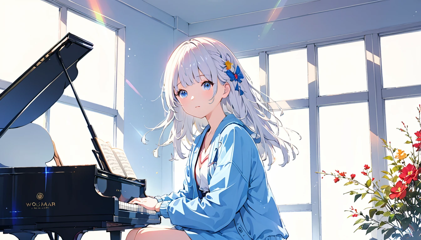 (Absurd:1.1, High resolution:1.1, 超detailed:1.1), 非常にdetailedな, 超detailed hair, (Fine grain:1.4), (Shining Eyes:1.3), thin, sad, positive, cute, Perfectly symmetrical face, narr○w waist, 超cute girl, 超cute face, 超cute, Super beautiful, Beautiful colors, merry (Yanmar gauge),From wlop,((Great quality)), (Beautiful legs), Are standing, Upper body rest (Beautiful colors,detailed,Highest quality,Great quality,so beautiful), piano, Jacket, Lighting and Shadows(perspective), Lighting particles, colorful, Masterpiece, Super stylish room,