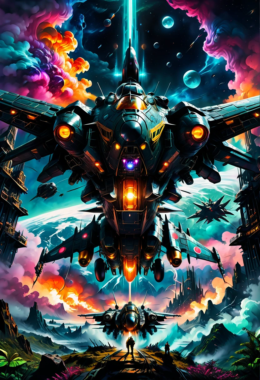 Space War, cinematic still, high budget, cinemascope, 4K epic detailed, by dan mumford, best quality, masterpiece, very aesthetic, perfect composition, intricate details, ultra-detailed, vivid colors