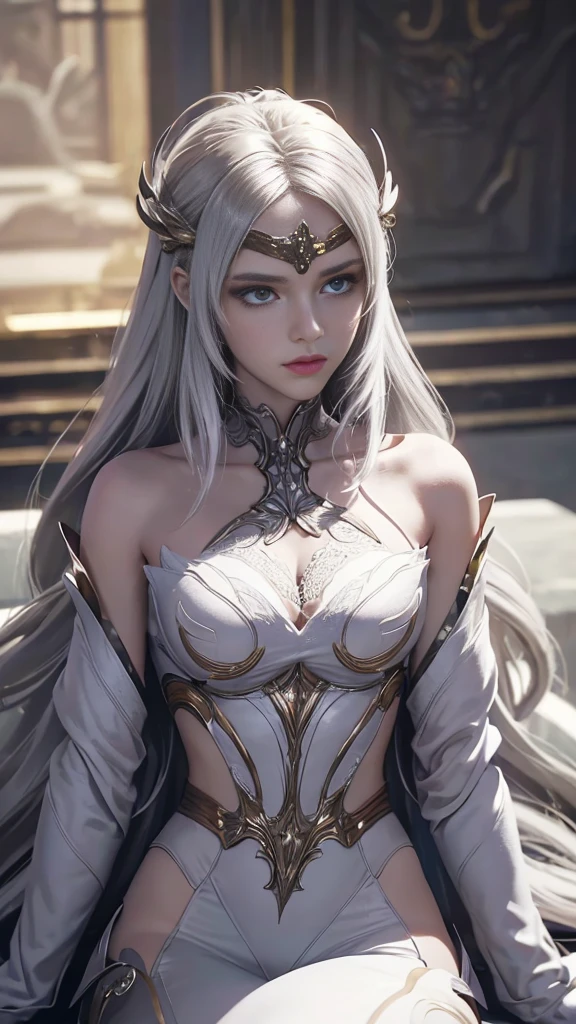 (Extremely detailed CG Unity 8K wallpaper, masterpiece, best quality), (Exquisite light and shadow, Very dramatic picture, Lens Effects), a girl in a white Hero costume, Silver gray hair color, from the Hero parallel universe, Wenger, Miracle, Hero, Sitting on the sofa, Dynamic poses), (Excellent details, Excellent lighting, Wide Angle), (Excellent rendering, Enough to stand out among similar products), focus on white Hero costumes, Complex texture