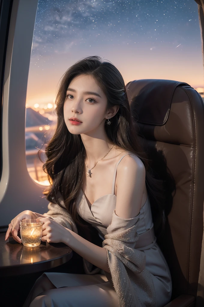 (((best quality))),(((ultra detailed))),(((masterpiece))),illustration,((1 beautiful girl,solo)),((slim,thin,small breasts,flat chest)),((shoulder length straight hair)),stunning female aviation passenger,In the aircraft cabin,nighttime flight,soaring high in the sky,serene beauty,elegance,dark colors,maxi dress,gracefully flowing,delicate necklace,sparkling pendant,soft lighting,anticipation,window seat,twinkling stars,moonlit sky,tastefully decorated aircraft interior,comfortable seats,warm ambiance,entertainment options,relaxation,tranquility,serene expression,peaceful atmosphere,contrast between darkness and warmth,captivating ambiance,magical moment,essence of summer,allure of the night,enchantment of air travel