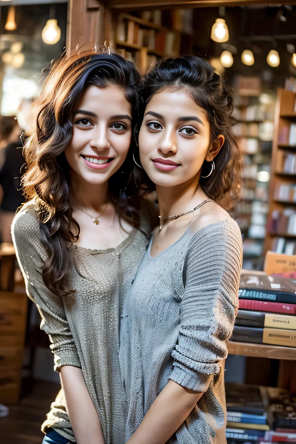 2heads, female couple, age 28, two heads on one body, one torso, hipsters, middle eastern, curly hair, hipster fashion, in bookstore,
