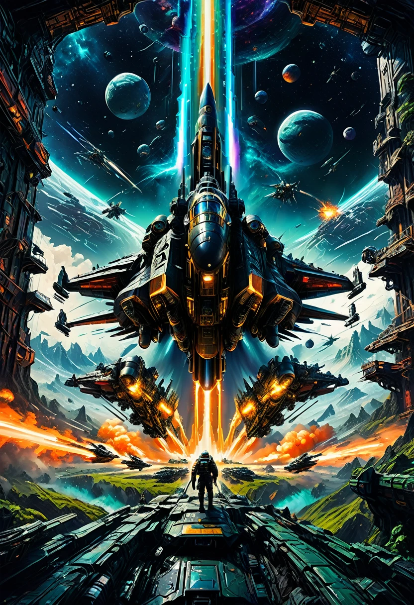 Space War, cinematic still, high budget, cinemascope, 4K epic detailed, by Drew Struzan, best quality, masterpiece, very aesthetic, perfect composition, intricate details, ultra-detailed, vivid colors