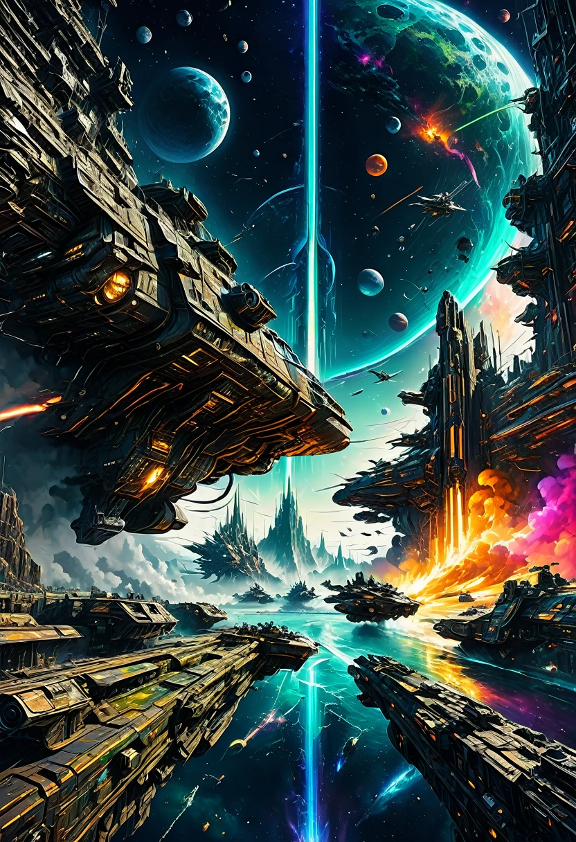Space War, cinematic still, high budget, cinemascope, 4K epic detailed, by Drew Struzan, best quality, masterpiece, very aesthetic, perfect composition, intricate details, ultra-detailed, vivid colors