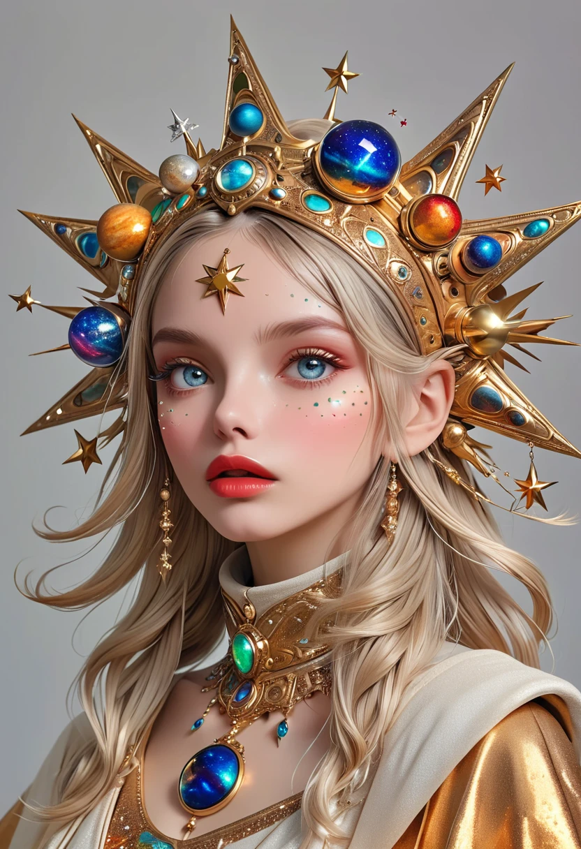 1girl, beautiful detailed eyes, beautiful detailed lips, extremely detailed face and skin, elaborate star headpiece, orbit, clean background, (best quality, 4k, 8k, highres, masterpiece:1.2), ultra-detailed, realistic, photorealistic, photo-realistic:1.37, 3D, professional, vivid colors, studio lighting