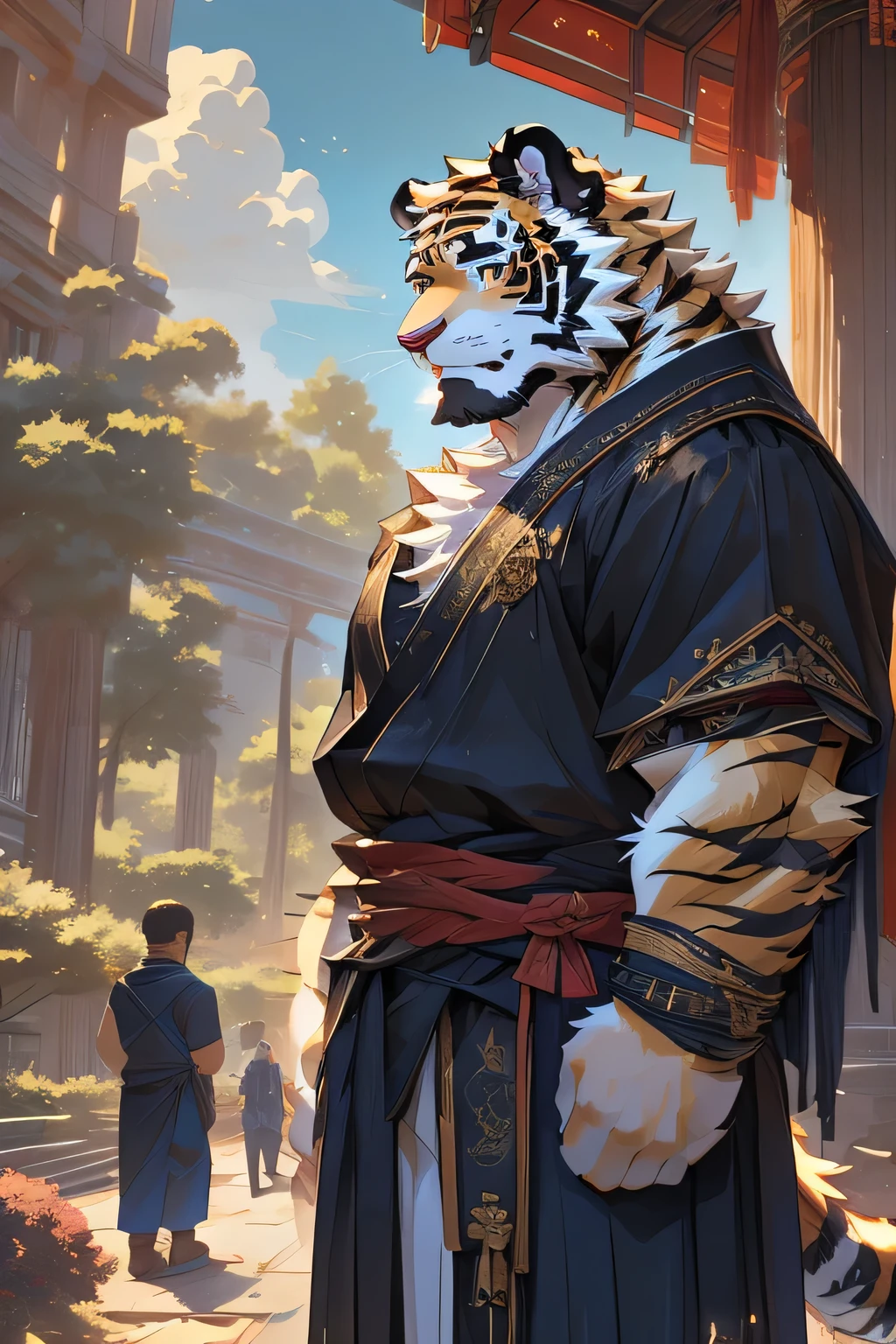 (masterpiece,best quality,Super detailed,Perfect anatomical structure),Detailed background,Empty,hairy,cannon, ,Clear focus,White tiger,By Empty Ghost, rest sunshine,external,campus, Solitary,Solitary ,male,male ,human nature,Cat,tiger,muscular,rest (White fur:1.5,White body:1.5),looking at the audience,Delicateeyes, Dressed,Casual clothing is acceptable when the weather is nice,Golden pupils