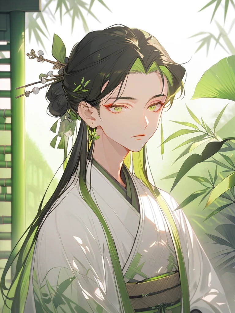 1 Ancient Style Boy，Beautiful face，Exquisite facial features，Middle-parted long hair，black hair，With green hairpin，Cool temperament，White clothes，Bamboo pattern decoration，Background light green landscape，Half figure，Light and Shadow，Bright and clear color