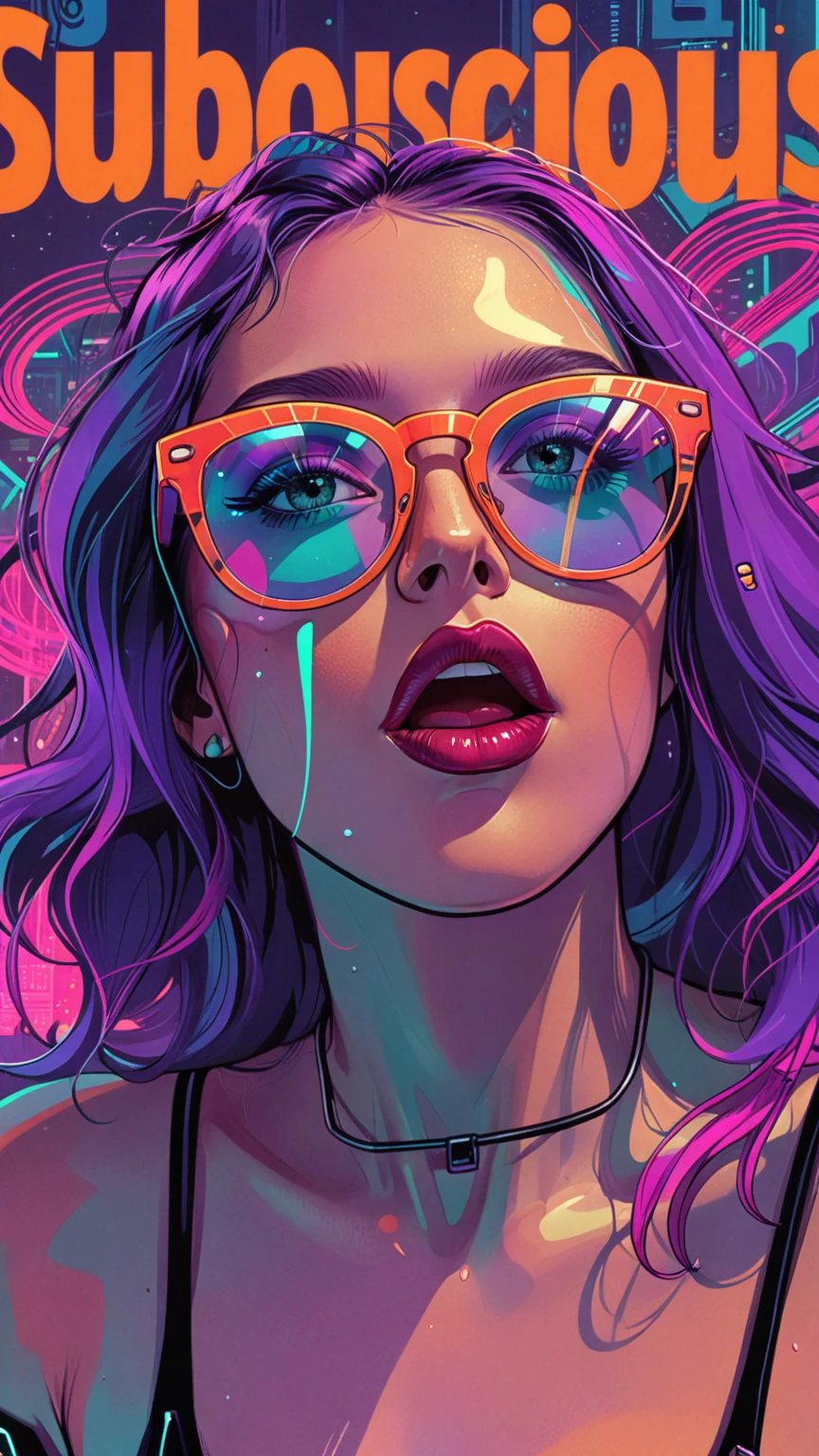 a close up of a woman with glasses on her face, jen bartel, colorful illustration, in style of digital illustration, colorfull illustration, editorial illustration colorful, trend on behance illustration, ultraviolet and neon colors, striking detailed artstyle, illustration style, cyberpunk art style, rossdraws cartoon vibrant, stunning art style, stunning digital illustration, unearthly art style