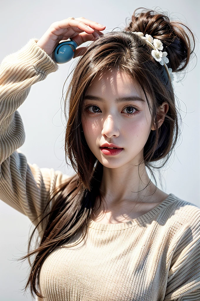 1 girl in,sweater,White background,lifelike face