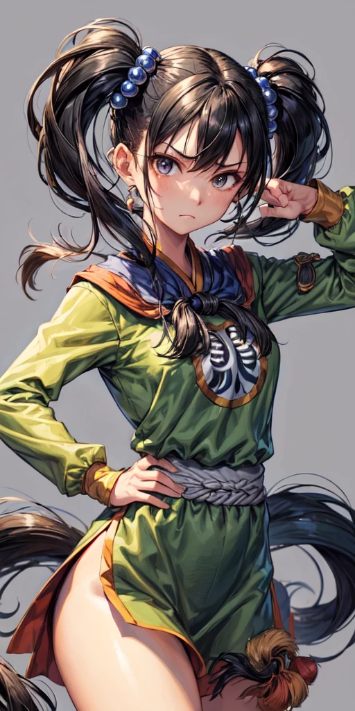 (masterpiece, best quality:1.1), fighter (dq3), 1girl, solo, long hair, twintails, looking at viewer, black hair, hair ornament, long sleeves, dress, medium breasts, closed mouth, cowboy shot, black eyes, arm up, chinese clothes, hair bobbles, clenched hand, fighting stance, yin yang simple background, cowboy shot