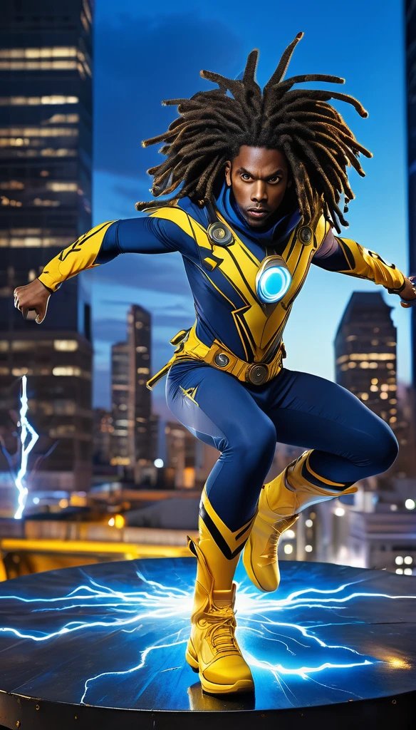 (Masterpiece, 8K, UHD, high resolution: 1.4), dynamic portrait of Static Shock, (iconic blue, yellow, and black costume: 1.3), (dreadlocks, eyes glowing with electric energy: 1.2), (confident and heroic pose: 1.2), (floating metal platform with electricity: 1.3), (background with urban cityscape at dusk: 1.1), (electric bolts and sparks around: 1.3), (vibrant and energetic atmosphere: 1.3), realistic and intricate details, (elements of fantasy and action: 1.2), (dynamic and powerful perspective: 1.3)