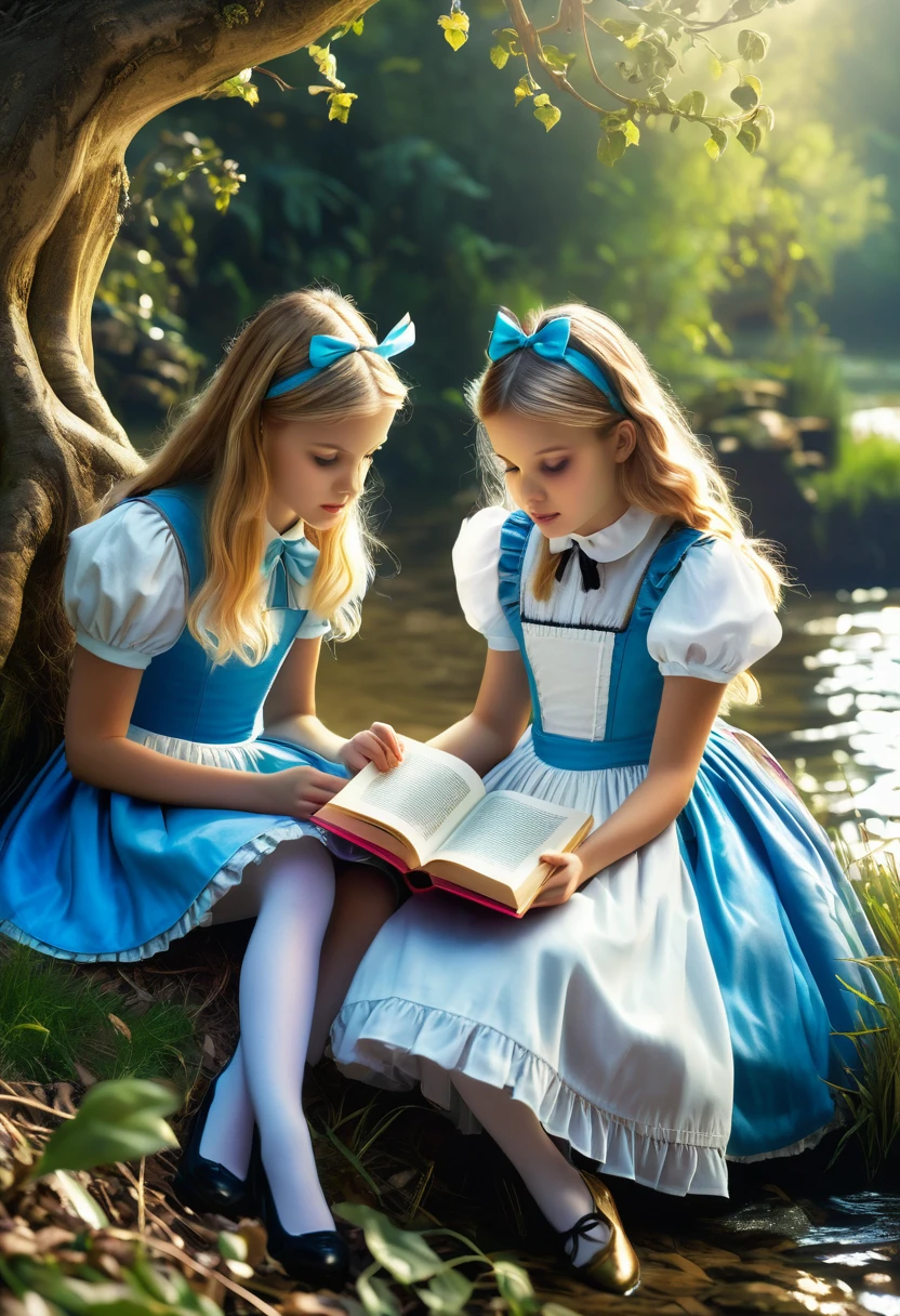 Alice sat on the riverbank with her sister and looked into a book, high detail, fairy tale, Alice in Wonderland,