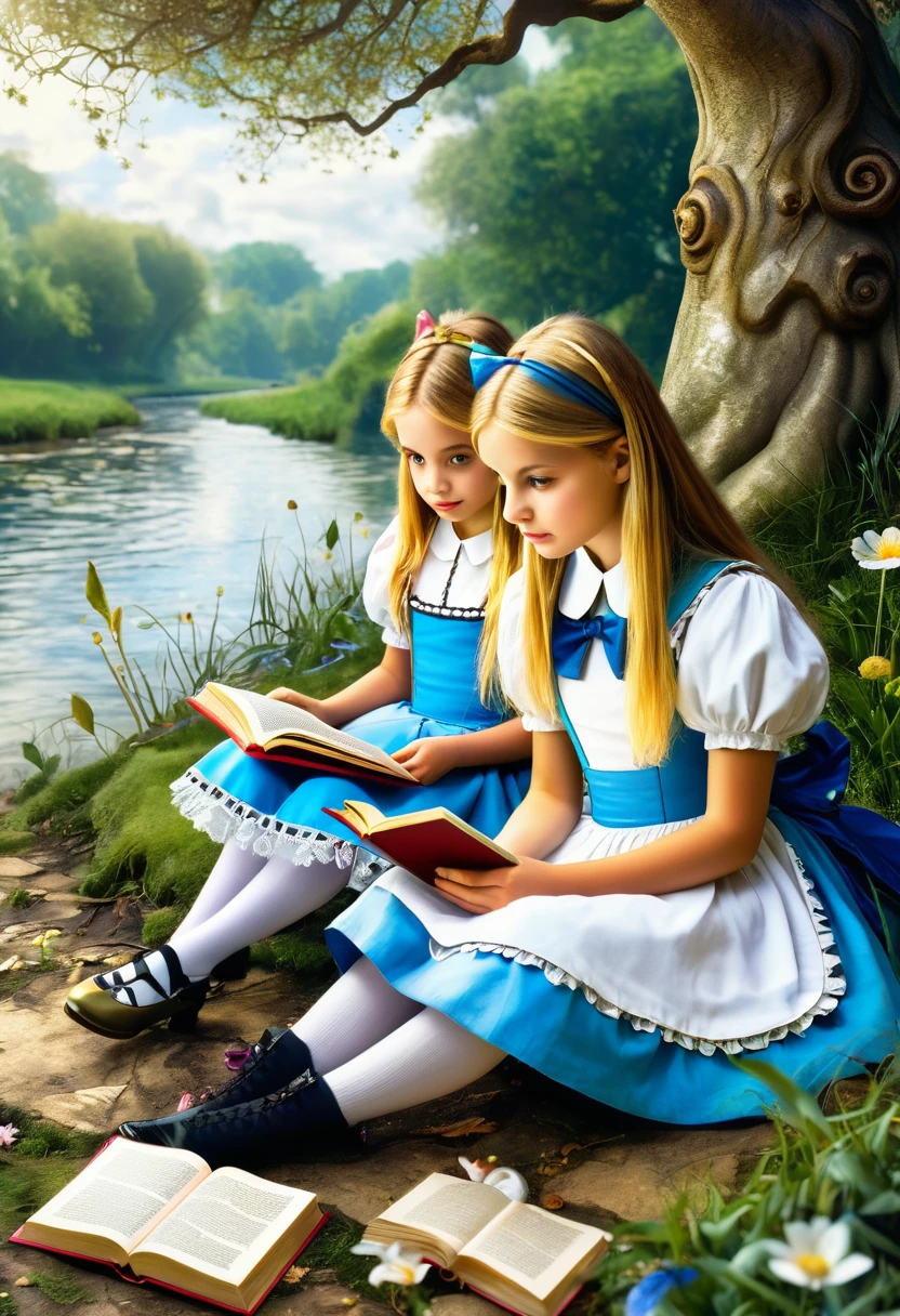 Alice sat on the riverbank with her sister and looked into a book, high detail, fairy tale, Alice in Wonderland,