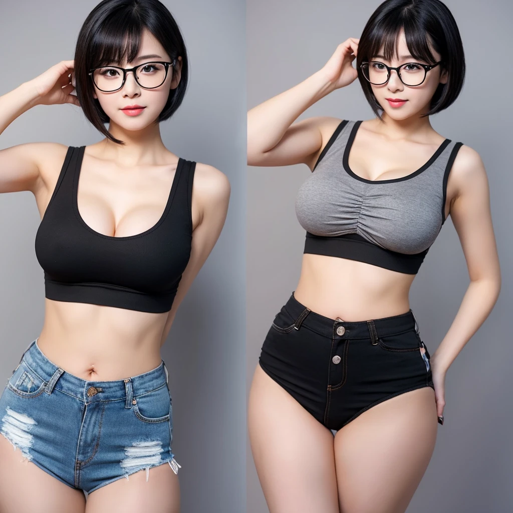 Women with glasses short black hair wearing a crop top and hot pants with thick tight small waist and 