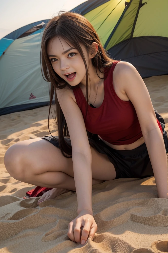 camping, yawning face, 40k, photography, masterpiece, best quality, (Riko, longhair), medium breasts, (red tanktop), varied poses, doggystyle on sand