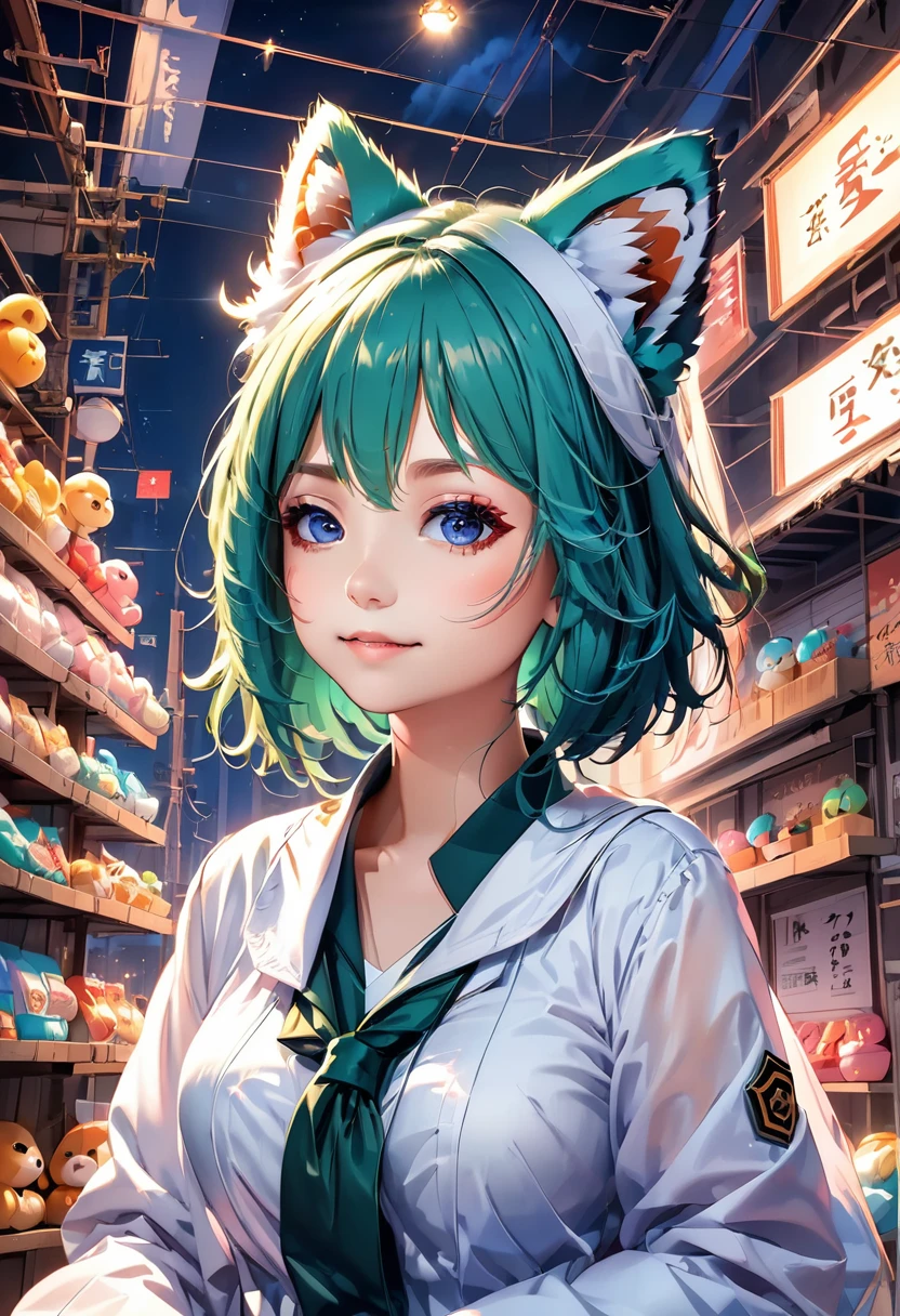 Blue-green hair girl Blue Eyes Short Hair Red Panda stuffed toy Second Dimension anime An illustration vtuber C Cup Warrior uniform military uniform long sleeves Clothes patina Cleavage stuffed toy Embrace One person Braided Hair Arrangement