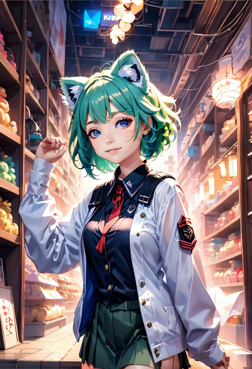 Blue-green hair girl Blue Eyes Short Hair Red Panda stuffed toy Second Dimension anime An illustration vtuber C Cup Warrior uniform military uniform long sleeves Clothes patina Cleavage stuffed toy Embrace One person Braided Hair Arrangement