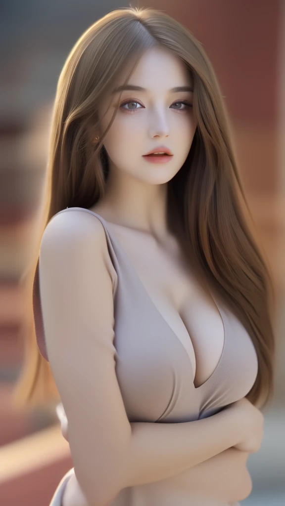 a beautiful long-haired busty woman with brown hair, extremely detailed face, beautiful detailed eyes, beautiful detailed lips, longeyelashes, woman touching her own nipples, (best quality,4k,8k,highres,masterpiece:1.2),ultra-detailed,(realistic,photorealistic,photo-realistic:1.37),hyperrealistic,extremely detailed,highly detailed,intricate details,realistic skin texture,realistic cloth simulation,natural lighting,volumetric lighting,cinematic lighting,gorgeous lighting,warm color tones,soft focused background