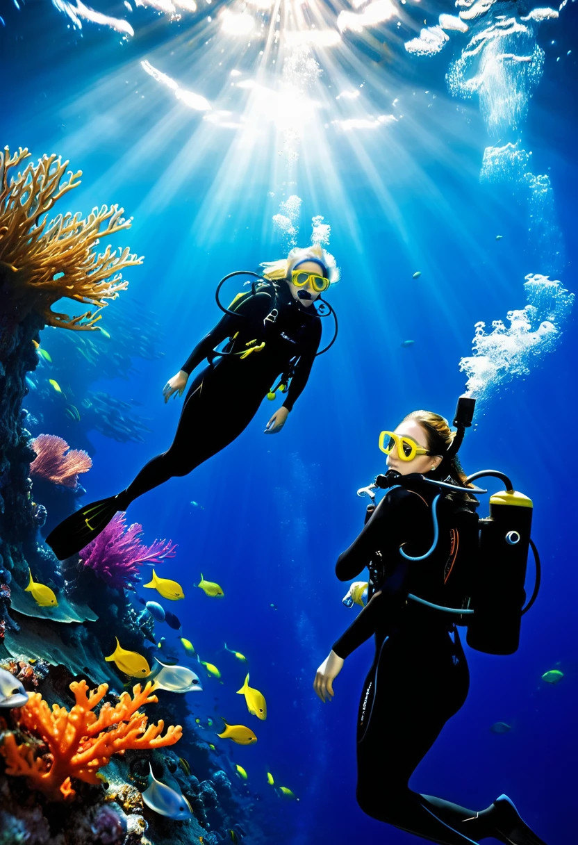 (masterpiece, best quality, ultra-detailed, best shadow), (beautiful detailed face:1.3),(solo), (family_friendly:0.8),high contrast, ultra-high resolution,(1girl under deep sea:1.6),(diving AND petting a whale:1.3),full body, diving suit,refract light from above,glowing_light,vivid seaweed,colorful corals, looking_afar, tropical fish,(turbulence disturbed hair:1.2),([blue|silver] hair:1.1) 