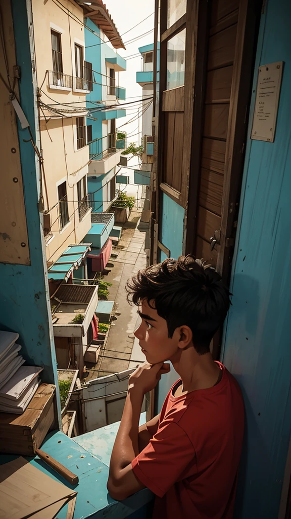 Here are the scene descriptions to create the story images:

### Scene 1: shanty town
**Description:** Show Carlos, A 16 year old teenager, in your simple house in the favela, looking out the window with a thoughtful and restless expression. Ao fundo, we see the narrow and busy streets of the community.