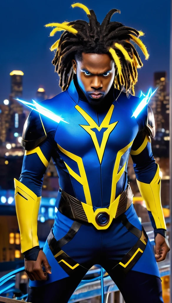 (Masterpiece, 8K, UHD, high resolution: 1.4), dynamic portrait of Static Shock, (iconic blue, yellow, and black costume: 1.3), (dreadlocks, eyes glowing with electric energy: 1.2), (confident and heroic pose: 1.2), (floating metal platform with electricity: 1.3), (background with urban cityscape at dusk: 1.1), (electric bolts and sparks around: 1.3), (vibrant and energetic atmosphere: 1.3), realistic and intricate details, (elements of fantasy and action: 1.2), (dynamic and powerful perspective: 1.3)