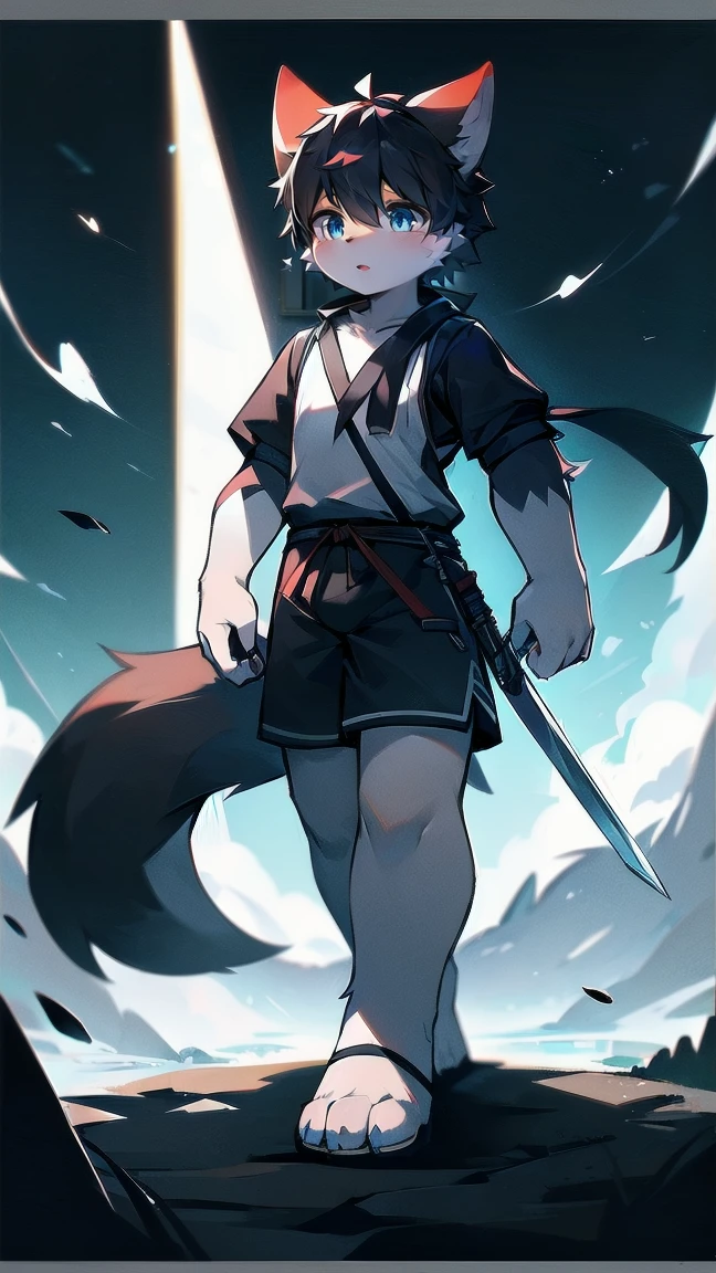 White Wolf，black hair，Sky blue eyes，hairy，Wolf ears，Wolf tail，Full body portrait，The character is in the center of the frame，Handsome，Confident eyes，male，juvenile，Black and white combat uniform，Red neck bib，Black shorts，Short sleeve，hairy arms and legs，Dark background，Dark battlefield，dawn，sunrise，dawn，illumination，shadow，Swordsman，Scabbard and sword，Hold the hilt of a sword in your hand，The scabbard is at the waist，Highest quality