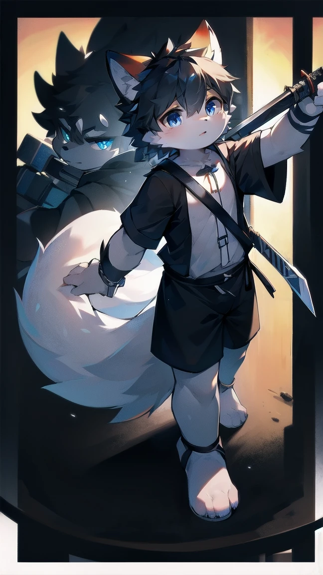 White Wolf，black hair，Sky blue eyes，hairy，Wolf ears，Wolf tail，Full body portrait，The character is in the center of the frame，Handsome，Confident eyes，male，juvenile，Black and white combat uniform，Red neck bib，Black shorts，Short sleeve，hairy arms and legs，Dark background，Dark battlefield，dawn，sunrise，dawn，illumination，shadow，Swordsman，Scabbard and sword，Hold the hilt of a sword in your hand，The scabbard is at the waist，Highest quality