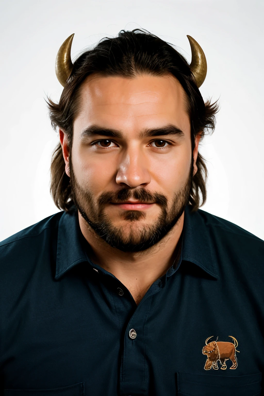 Generate a realistic logo of a Bison wearing a shirt, resembling a stockbroker. The Bison's face should be centered. The graphic should be highly detailed and realistic.