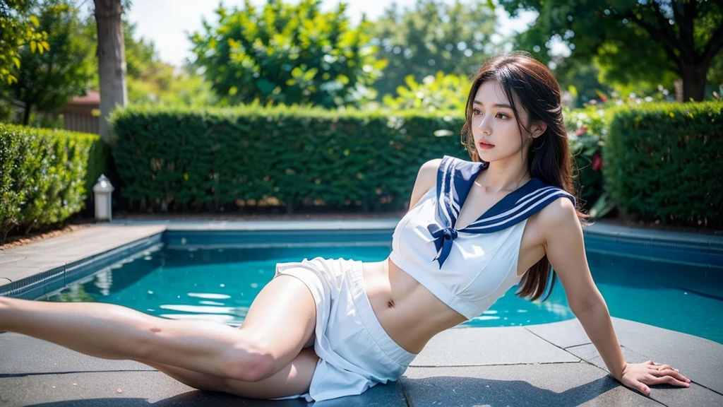 (Best picture quality, 4k,8k, High quality, Masterpiece :1.2), super detail, (realistic, realistic, realistic :1.37), a mature woman in a sailor suit, sailor suit, sailor skirt, very pretty face, beautiful, relaxing private garden with pool, perfect body, intricate details, shut up, shut up, lips slightly parted, high quality, Lying in the pool, elegant posture, movie lighting, soft tones, large breasts, quiet, elegant, serene atmosphere