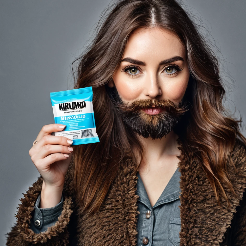extremely bearded shaggy and hairy woman, hold a packet of minoxidil kirkland in her hands