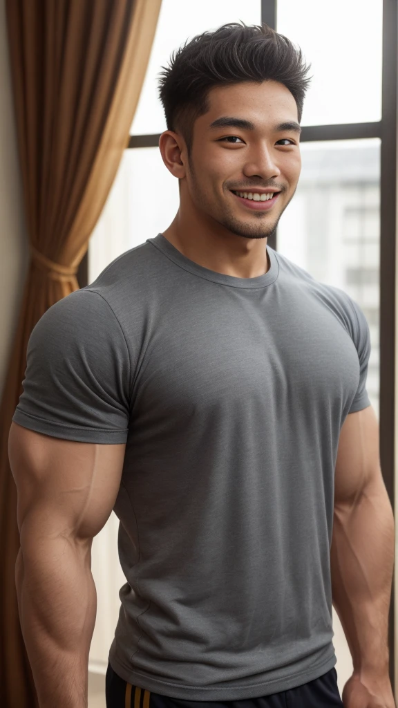 ((Highest quality, 8K, Masterpiece: 1.3))、Thailand Laos Burma Asia, Thai man, A handsome Asian rugby player with short hair, a muscular beard, and big muscles., 1A man who has、 yo、Good appearance、Beautiful nose、smile、 Detailed eyes and face、beautiful light、(studio)、high resolution、(Look at the viewer.)、Fine mouth、smile、whole body: 1.5, perfect shape: 1.3, Picture of both shoulders:1.3, Gray round neck t-shirt:1.5