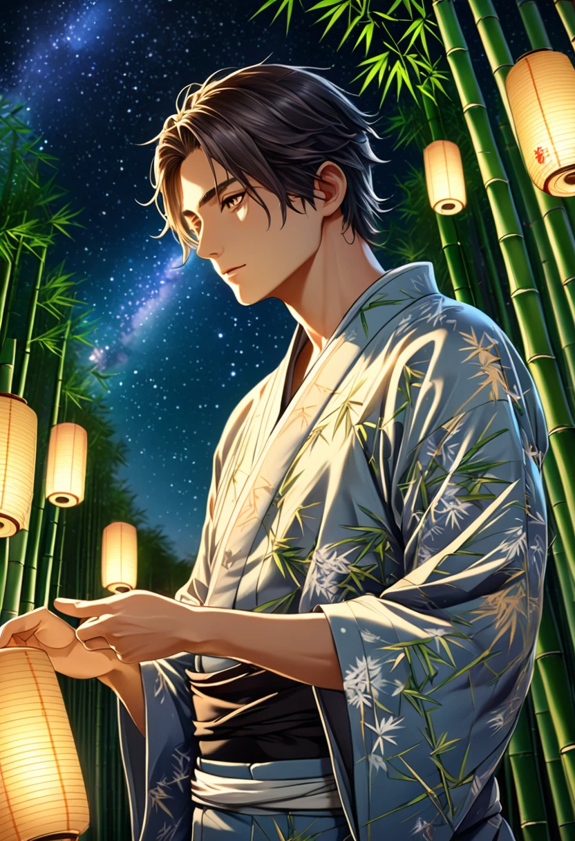 (masterpiece, 8K, Absurd, Digital Art, Digital Illustration, Realistic, Very detailed, Realistic lighting), (Perfect Face, Perfect Eyes, Perfect body), male,1 person、Miyabi、A vibrant Tanabata festival night with a single man standing among many bamboo trees, tying a tanzaku (paper strip) onto one of the branches. He is wearing a traditional yukata, looking up at the sky with a peaceful expression. The scene captures the man in the center, surrounded by numerous bamboo trees adorned with colorful tanzaku, and the Milky Way stretching across the star-filled sky in the background. The camera angle is slightly low, showing both the man and the expansive sky above. soft, ambient light from the lanterns hanging around provides a gentle glow, illuminating the man and the bamboo trees. The intricate details of the man's yukata, the texture of the bamboo leaves, and the soft glow of the lanterns enhance the festive, calm, and slightly magical mood of the scene.
