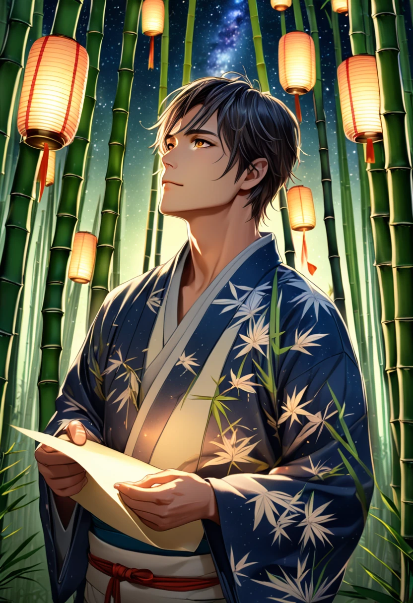 (masterpiece, 8K, Absurd, Digital Art, Digital Illustration, Realistic, Very detailed, Realistic lighting), (Perfect Face, Perfect Eyes, Perfect body), male,1 person、Miyabi、A vibrant Tanabata festival night with a single man standing among many bamboo trees, tying a tanzaku (paper strip) onto one of the branches. He is wearing a traditional yukata, looking up at the sky with a peaceful expression. The scene captures the man in the center, surrounded by numerous bamboo trees adorned with colorful tanzaku, and the Milky Way stretching across the star-filled sky in the background. The camera angle is slightly low, showing both the man and the expansive sky above. soft, ambient light from the lanterns hanging around provides a gentle glow, illuminating the man and the bamboo trees. The intricate details of the man's yukata, the texture of the bamboo leaves, and the soft glow of the lanterns enhance the festive, calm, and slightly magical mood of the scene.