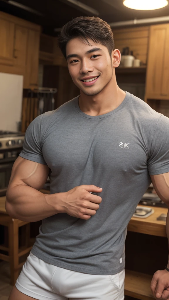 ((Highest quality, 8K, Masterpiece: 1.3))、Thailand Laos Burma Asia, Thai man, A handsome Asian rugby player with short hair, a muscular beard, and big muscles., 1A man who has、 yo、Good appearance、Beautiful nose、smile、 Detailed eyes and face、beautiful light、(studio)、high resolution、(Look at the viewer.)、Fine mouth、smile、whole body: 1.5, perfect shape: 1.3, Picture of both shoulders:1.3, Gray round neck t-shirt:1.5