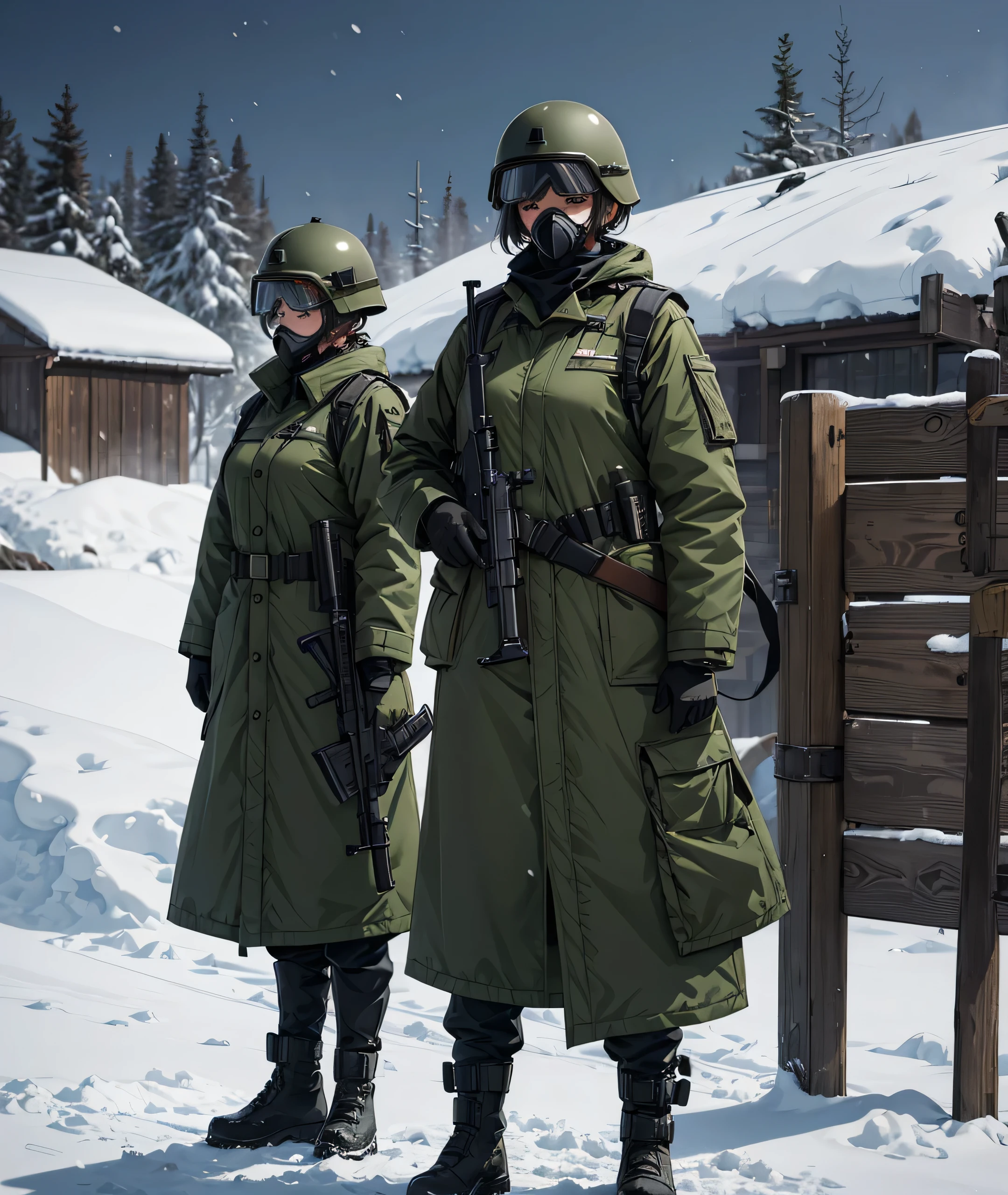 Three female soldiers wearing dark green thick coats、helmet、Gas Mask、Goggles、Standing guard with guns in both hands、side by side、Snowy military camp、masterpiece、best quality、Highly detailed CG、8K picture quality