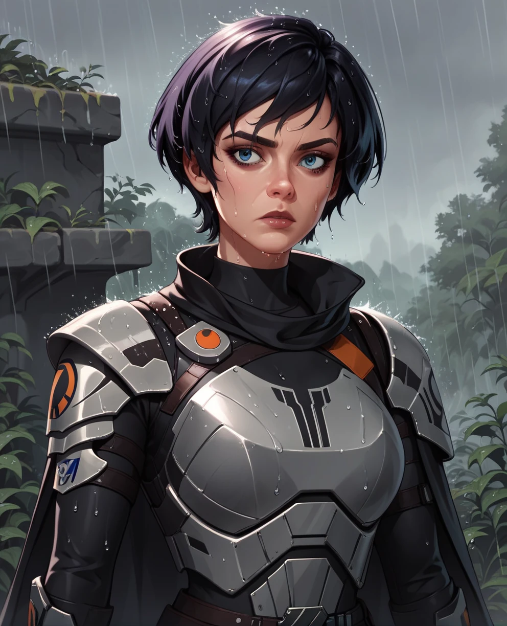 score_9,score_8_up,score_7_up,score_6_up, sabine wren ,,black hair, upper body, wet, armor,gloves,black bodysuit,black cape,belt,rain, science fiction,sith base, star wars, outdoors, rain, solo,fflixbag wearing armor sabine wren