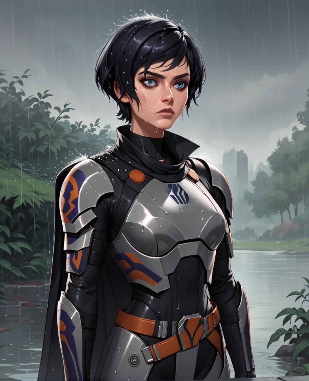 score_9,score_8_up,score_7_up,score_6_up, sabine wren ,,black hair, upper body, wet, armor,gloves,black bodysuit,black cape,belt,rain, science fiction,sith base, star wars, outdoors, rain, solo,fflixbag wearing armor sabine wren
