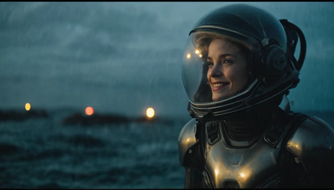 sci-fi aesthetics, a dark and moody realistic cinematic close-up shot of stunning Nicaraguan woman smile with a big smile cosmonaut wearing a spacesuit and glass dome helmet walking (with a futuristic oil refinery in the background:1.4) on ocean alien landscape where water covers the entire surface, teeming with marine life of all shapes and sizes, a heavy rain storm, aurora, detailed face, stunning beauty, detailed skin, skin texture, skin pores, (freckles:0.9), dim lit, foggy, muted colors, hazy, vintage, analog style, science fiction, star citizen cinematic lighting, film grain, imax